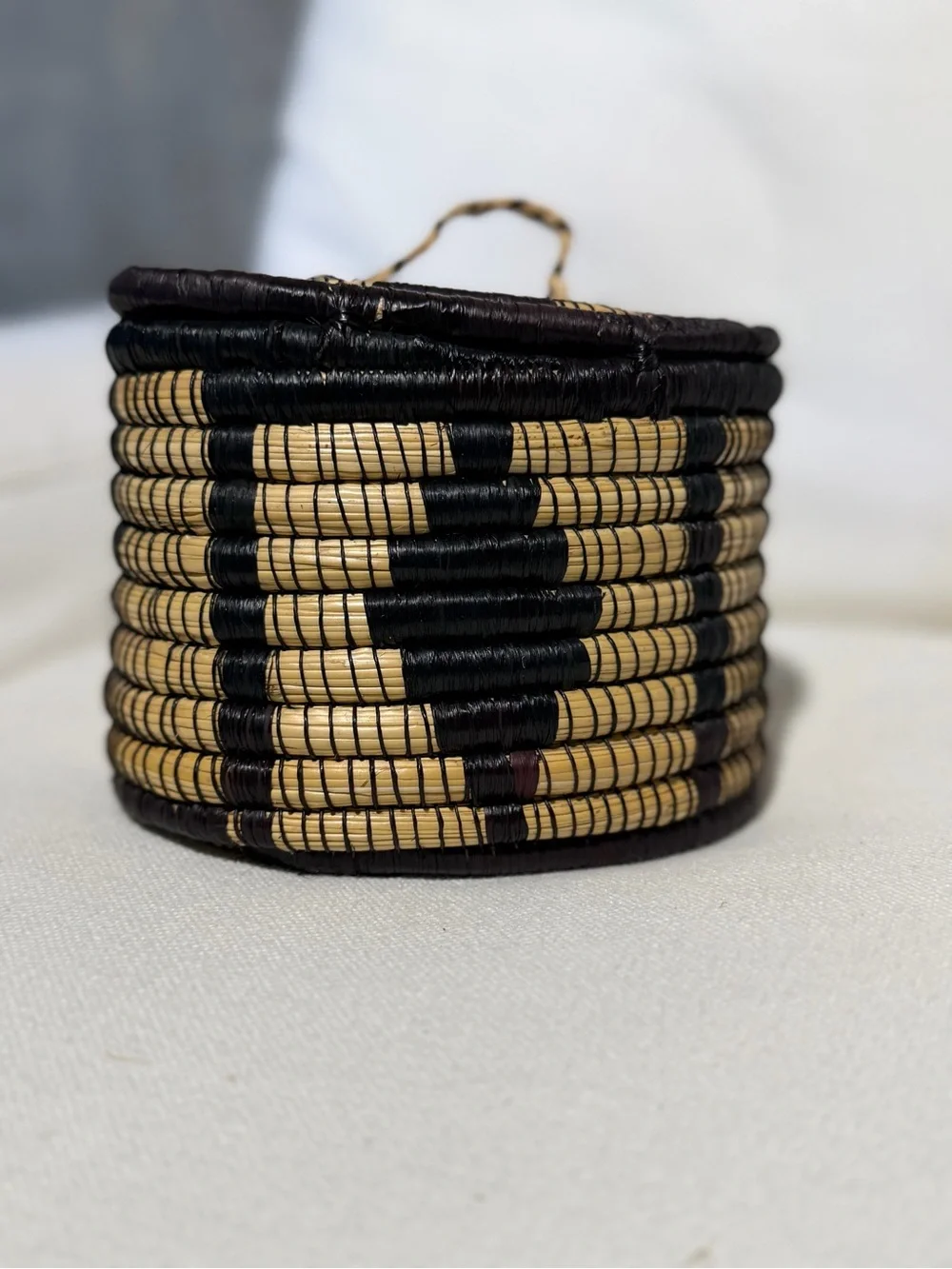 Handwoven Ugandan Lidded Coil Seagrass Basket- Black & Natural